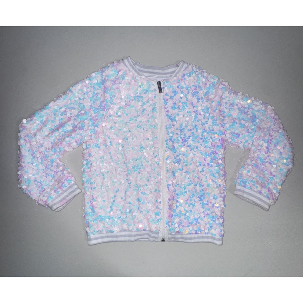 More Than Magic Girl's S (6/6x) Bomber Jacket White & Pink Iridescent Sequin